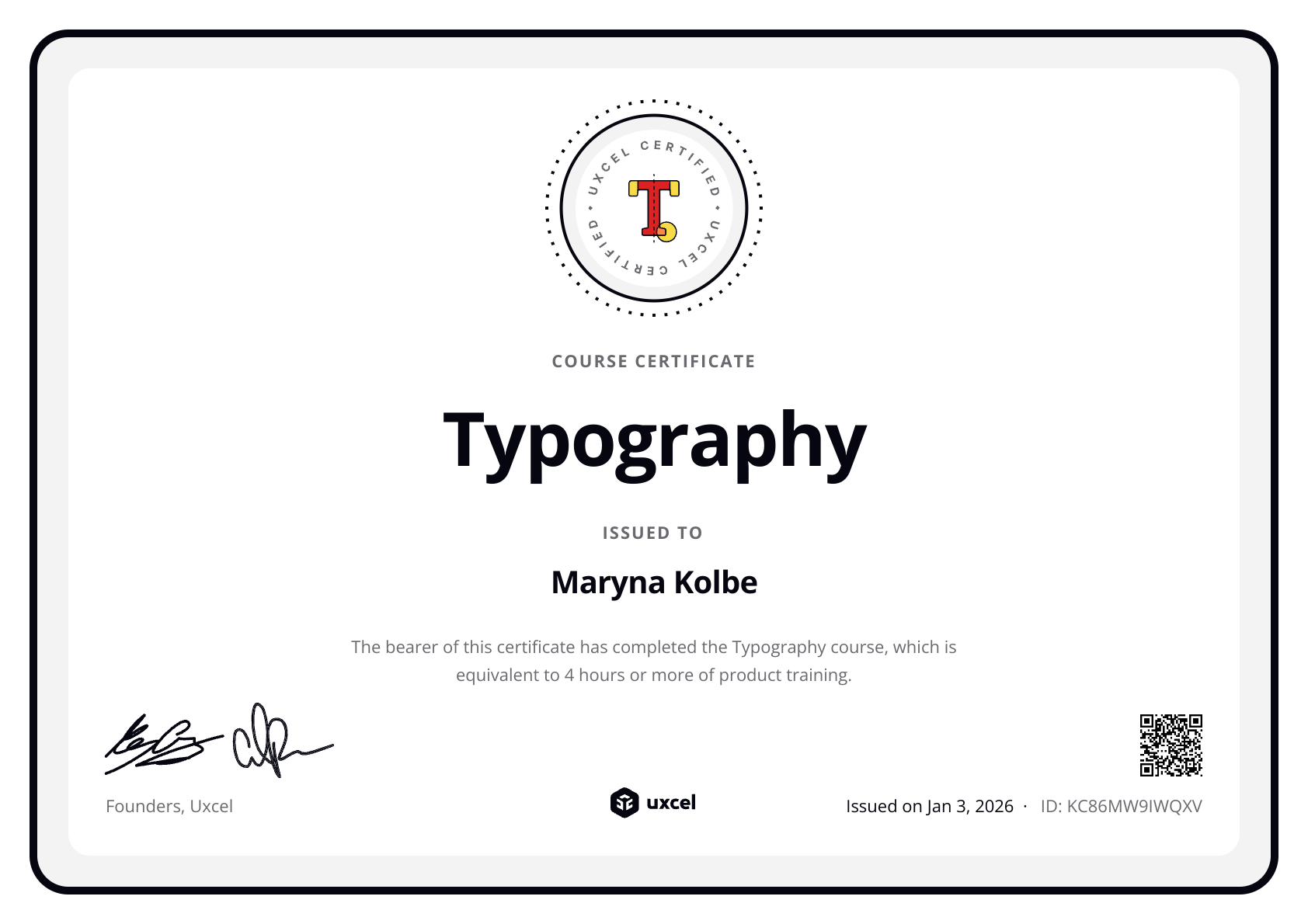 Maryna's certificate